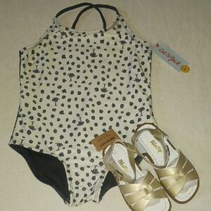 Cat & Jack Cream and Black Swimsuit with Gold Sandals